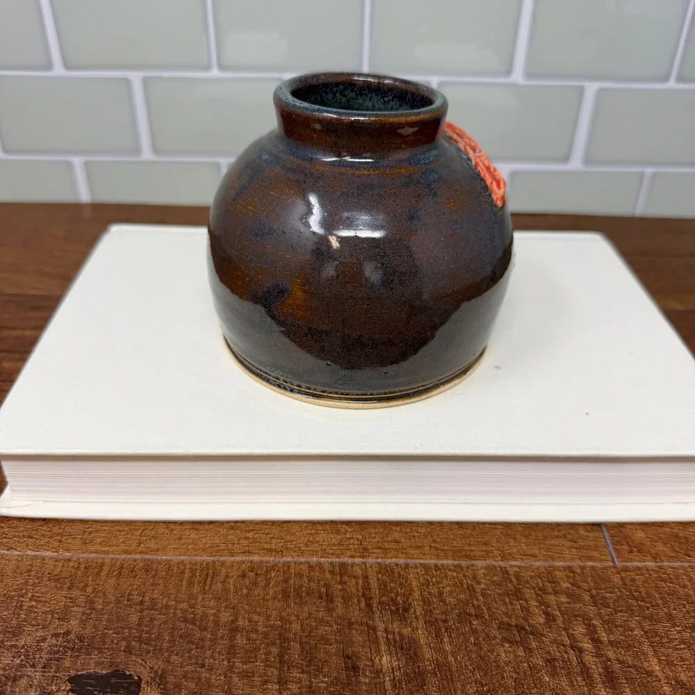 Signed‎ EMS Studio Pottery Poppy Weed Pot Vase Teal Brown Handcrafted 1.25lbs